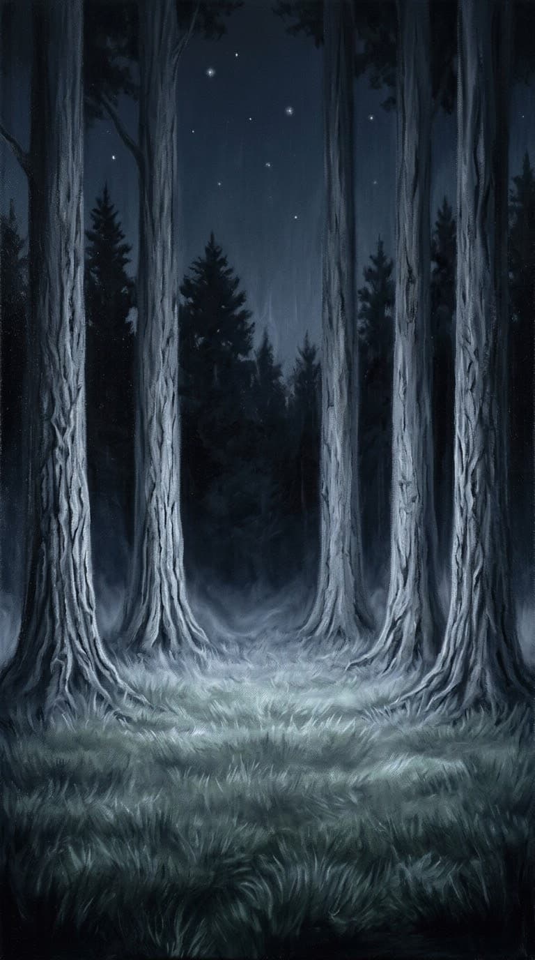 Peinture d'une clairière nocturne bordée d'arbres immenses à l'écorce argentée, l'herbe baignée d'une lumière pâle