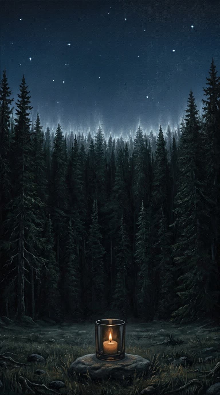 Peinture de la lisière d'une forêt de sapins sous les étoiles, une bougie allumée dans un verre posée sur une pierre au premier plan