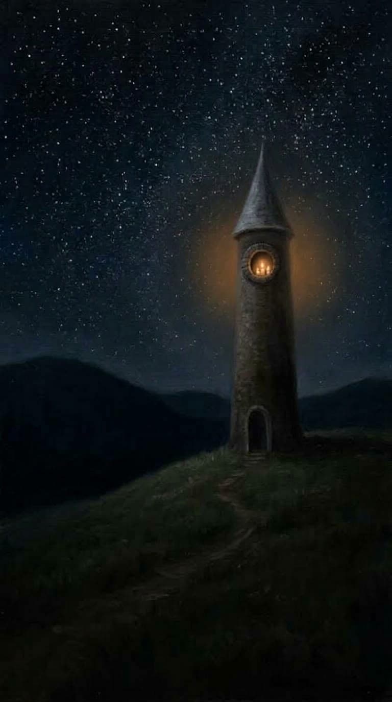 Peinture d'une tour de pierre élancée sur une colline, sous un ciel très étoilé, sa fenêtre ronde éclairée d'ambre