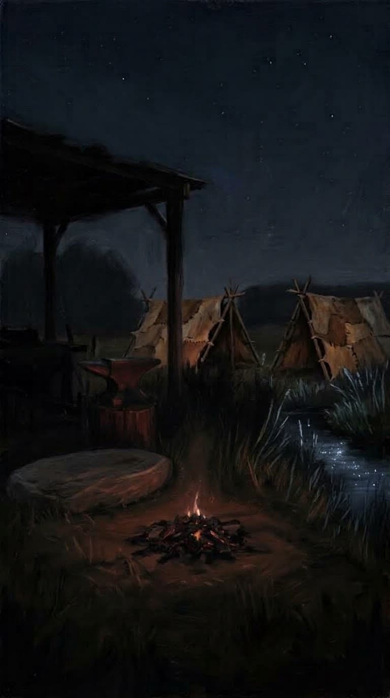 Peinture d'un camp dans la plaine la nuit : une forge et son enclume à gauche, des tentes de cuir, un ruisseau à droite et un feu de braises au premier plan